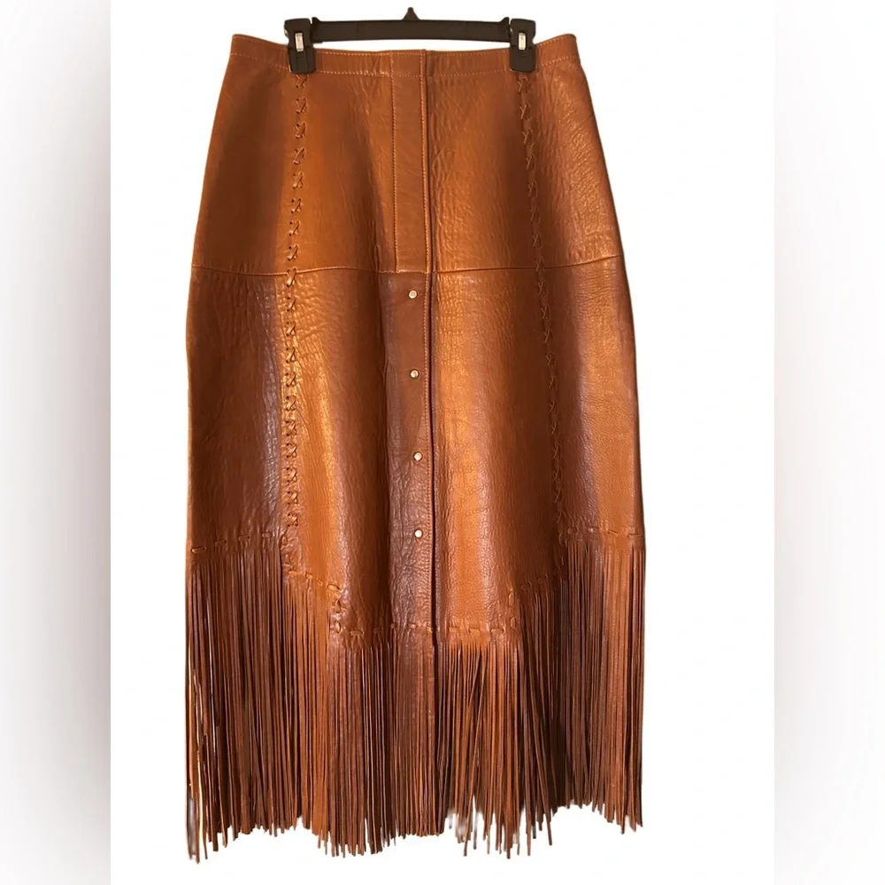 Vintage Leather Fringe Skirt – Western / Boho – Button Front – Brown - Picture 5 of 8